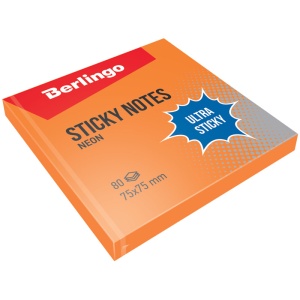 Бумага клейкая д/заметок 75*75 80л Ultra Sticky неон оранжевая Berlingo уп12